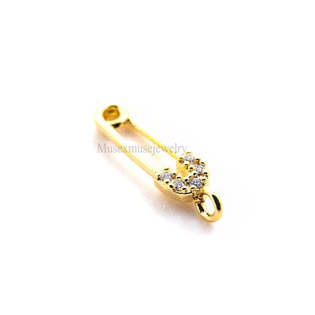 Natural Pave Diamond Handmade Sterling Silver Yellow Gold Plating Tiny safety Pin Charm, Silver Diamond Safety Pin Charm, Diamond Pendant