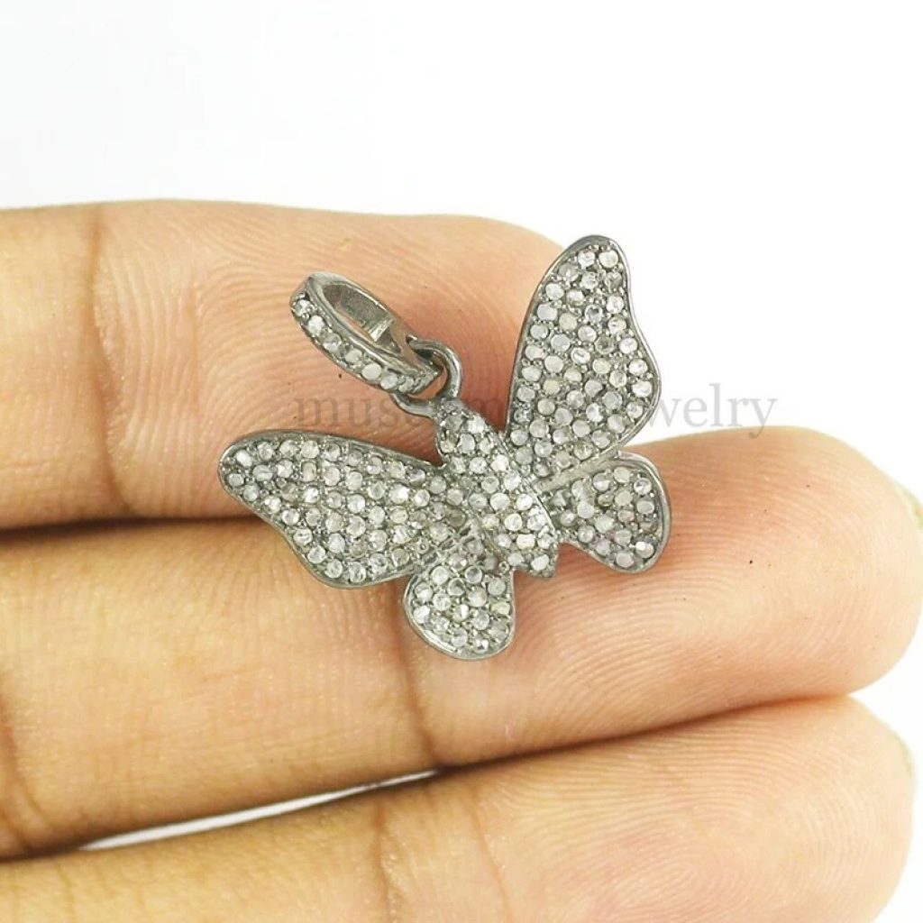 Pave Diamond Pendant Butterfly Design 925 Sterling Silver Fine Gift Jewelry