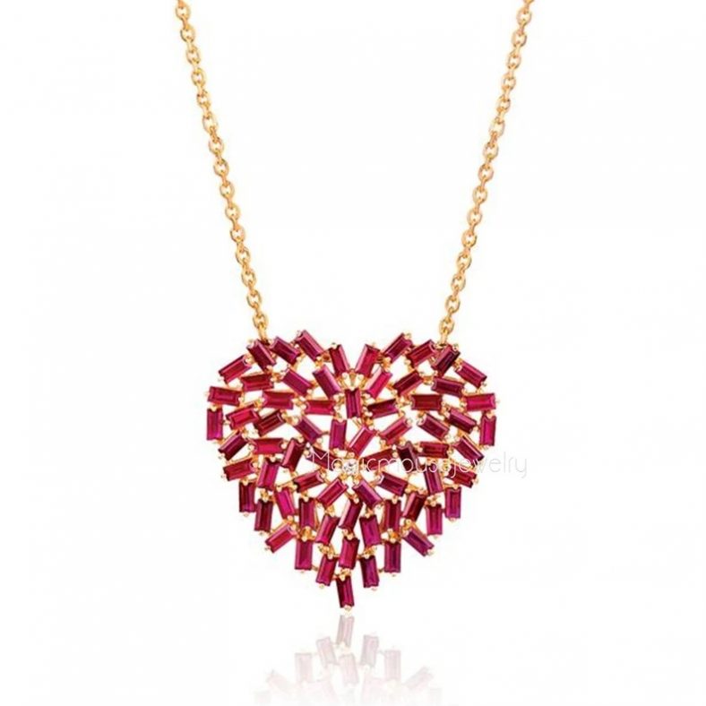 925 Sterling Silver Ruby Baguette Heart Shape Pendant Jewelry, Heart Sterling Silver Necklace, Baguette Necklace Jewelry