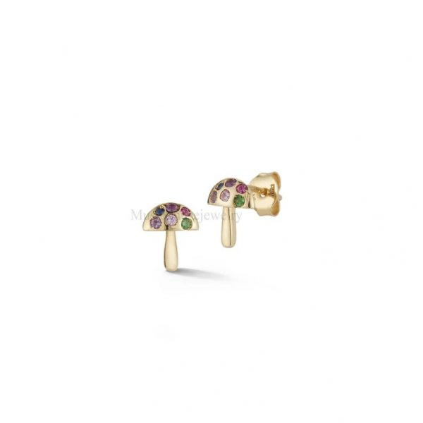 925 Sterling Silver Multisapphire Mushroom Stud, Yellow Gold Plating Multisapphire Mushroom Shape Tiny Stud Earrings Jewelry