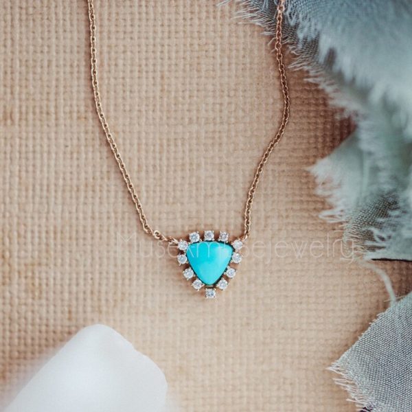 Triangle Turquoise with Diamond Halo Necklace, 14k Yellow Gold Turquoise Diamond Necklace Jewelry
