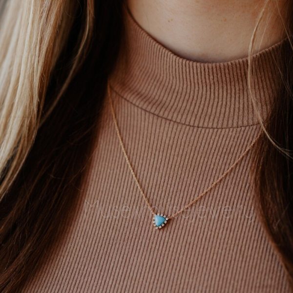 Triangle Turquoise with Diamond Halo Necklace, 14k Yellow Gold Turquoise Diamond Necklace Jewelry
