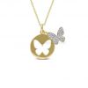 Yellow Plated Sterling Silver Diamond Double Butterfly Clustered Necklace, Sterling Silver Pave Diamond Butterfly Necklace