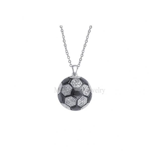 925 Sterling Silver Overlay Diamond Accent Soccer Ball Pendant Necklace, Silver Pave Diamond Ball Necklace, Diamond Necklace