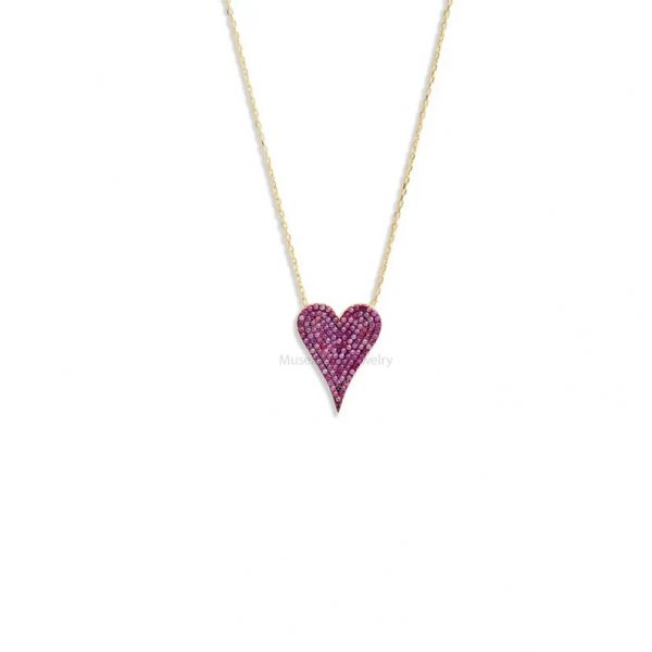 Women's Small Pave Heart Pendant Necklace, Ruby Handmade Sterling Silver Heart Necklace Jewelry