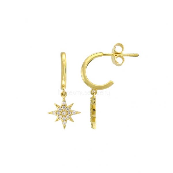 925 Sterling Silver Star Huggie Earrings, Diamond Hoop Earrings, Star Handmade Hoop Earrings, Diamond Star Shape Earrings