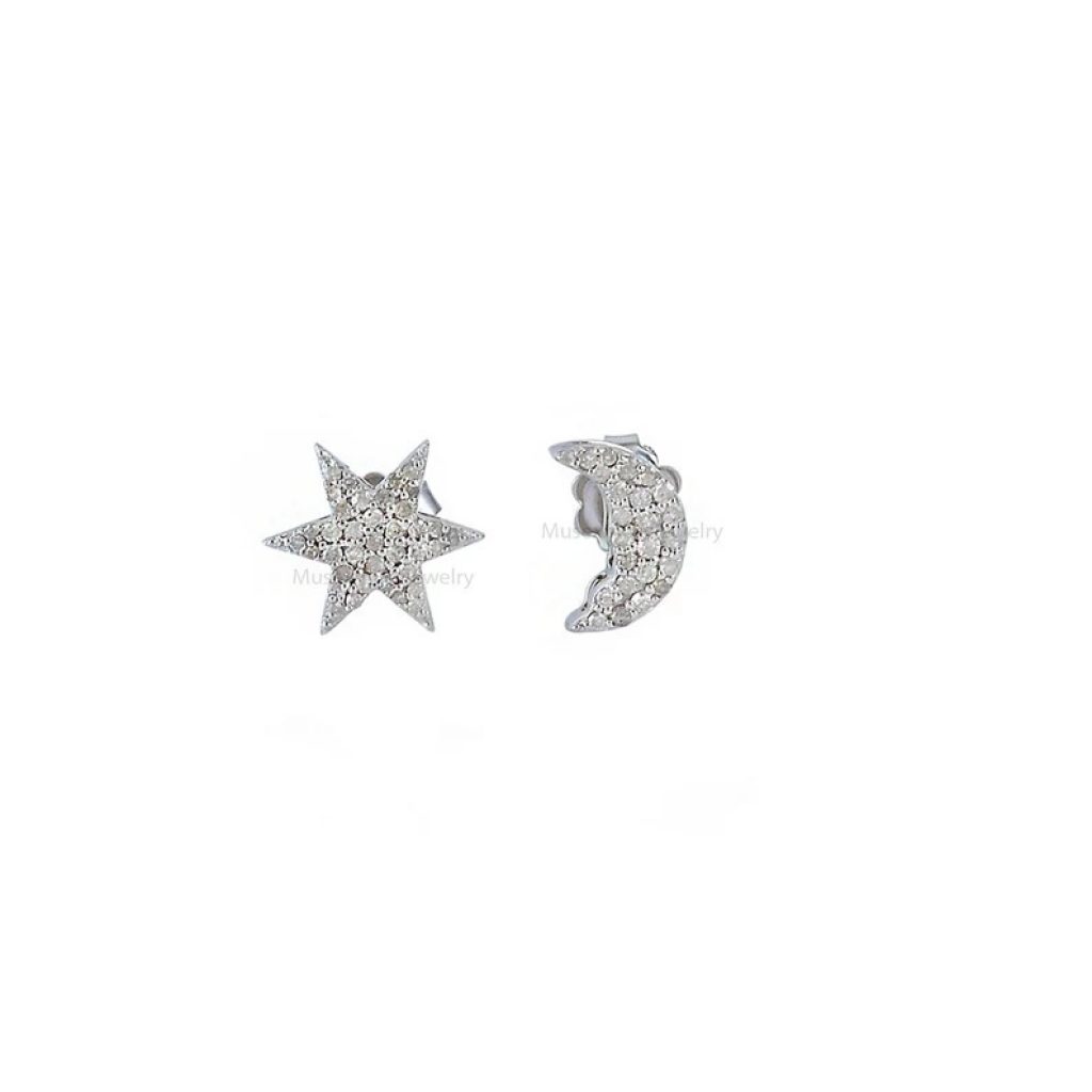 Crescent Moon & Star Stud Earrings Pave Diamond 925 Sterling Silver Handmade Jewelry Gift For Women's