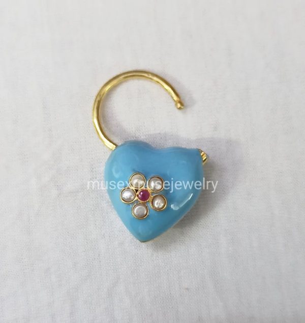 Turquoise Enamel Pearl With Ruby Handmade Sterling Silver Designer Heart Padlock Jewelry, Silver Heart PadLock Jewelry, Enamel Padlock