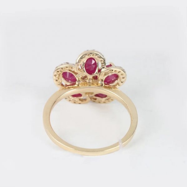 14k Yellow Gold Genuine Pave Diamond Floral Shaped Ruby Gemstone Handmade Ring Wedding Jewelry Wedding, Birthday Gift For Her