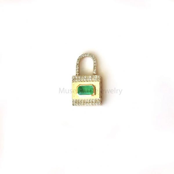 Emerald Gemstone Handmade Sterling Silver Pave Diamond Padlock Jewelry, Diamond Padlock Clasp lock, Silver Lock Jewelry