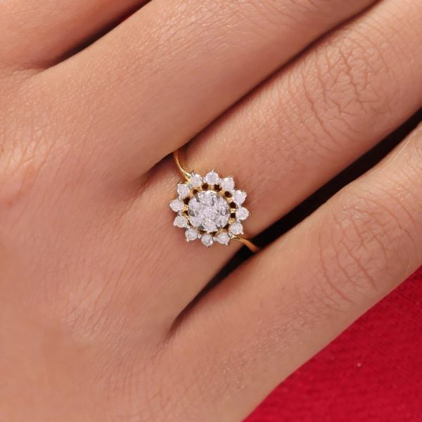 Pave Diamond 14K Yellow Gold Floral Statement Ring Handmade Fine Engagement Jewelry Wedding Gift For Her