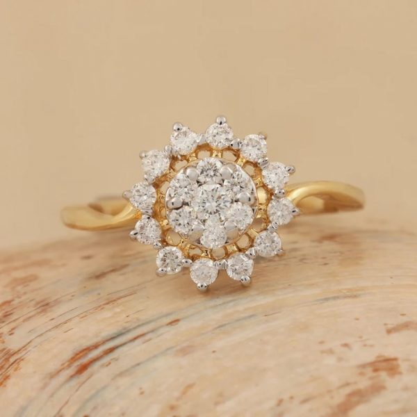 Pave Diamond 14K Yellow Gold Floral Statement Ring Handmade Fine Engagement Jewelry Wedding Gift For Her