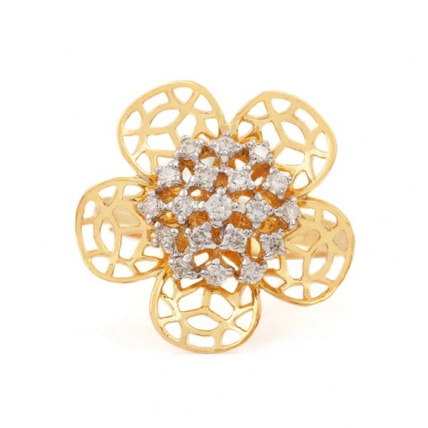 14K Yellow Gold Floral Statement Ring Pave Diamond Handmade Fine Engagement Jewelry Wedding Gift For Sister