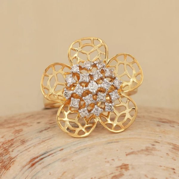 14K Yellow Gold Floral Statement Ring Pave Diamond Handmade Fine Engagement Jewelry Wedding Gift For Sister