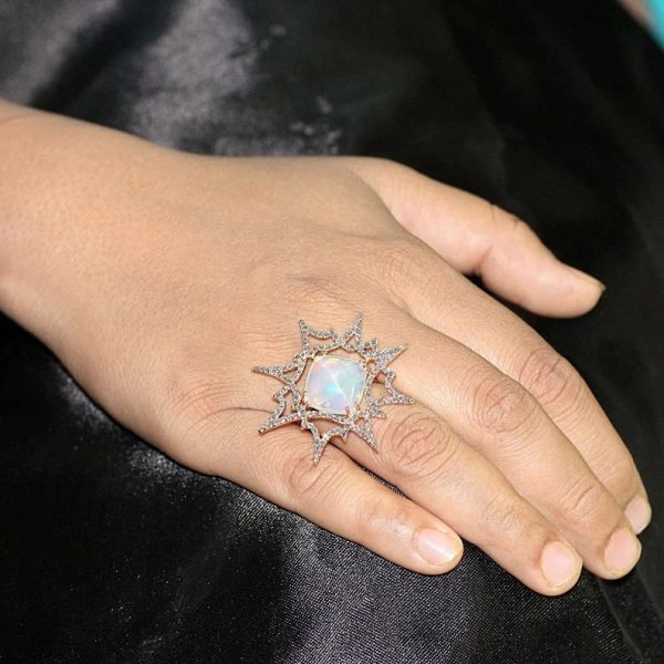 18k Yellow Gold Opal Gemstone Genuine Pave Diamond Handmade Fine Jewelry Birthday, Valentine's Gift For Woman's
