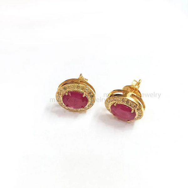 Natural Pave Diamond Ruby Stud Earrings, Silver Ruby Stud, Diamond Stud Earrings For Women, Silver Stud Earrings