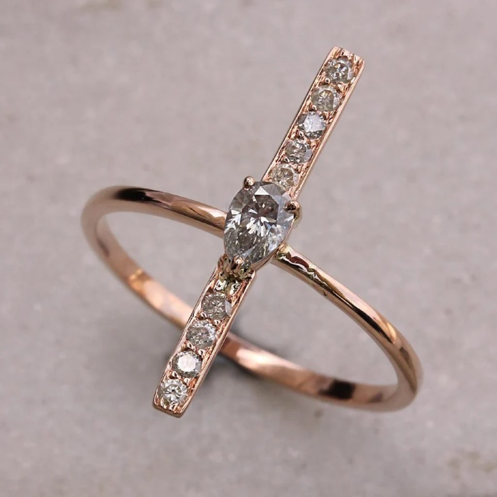18k Rose Gold Genuine Certified Pave Diamond Design Bar Band Ring Handmade Fine Jewelry Valentine's Day, Wedding Gift For Her
