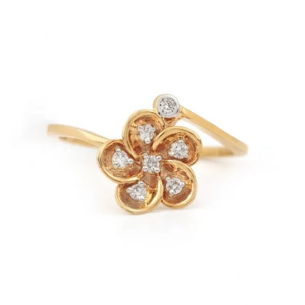 14K Yellow Gold Pave Diamond Delicate Flower Design Ring Handmade Wedding Fine Jewelry Gift For Her