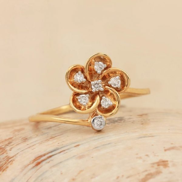 14K Yellow Gold Pave Diamond Delicate Flower Design Ring Handmade Wedding Fine Jewelry Gift For Her