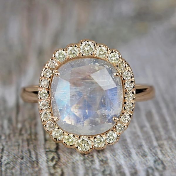 14k Yellow Gold Fine Jewelry Pave Diamond Blue Moonstone Ring Cocktail Birthday, Anniversary, Bridal Gift For Her