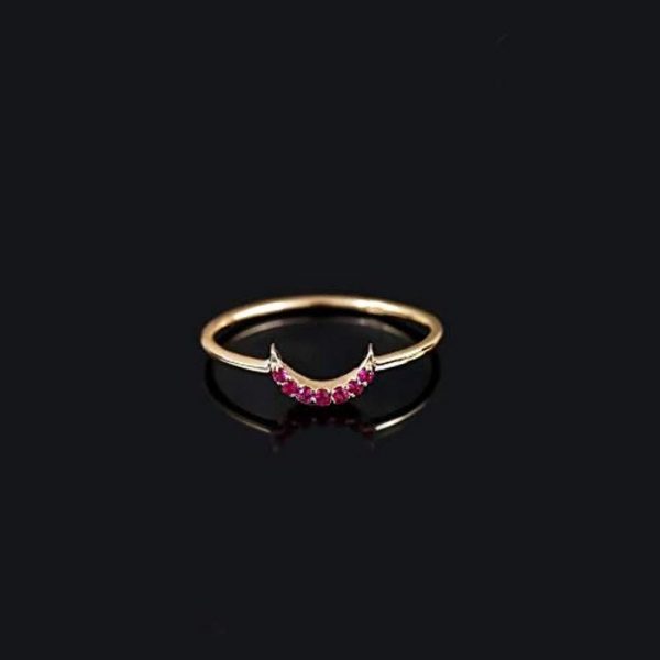 14K Yellow Gold Genuine Ruby Gemstone Half Moon Shape Ring Handmade Attractive Fine Wedding, Birthday Jewelry Gift For Her