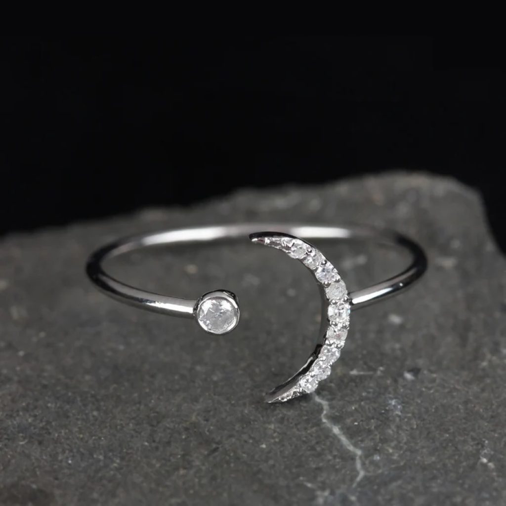 18k White Gold Fine Jewelry Pave Diamond Crescent Moon Ring Cuff Ring, Bridal Handmade Jewelry Wedding Gift For Her