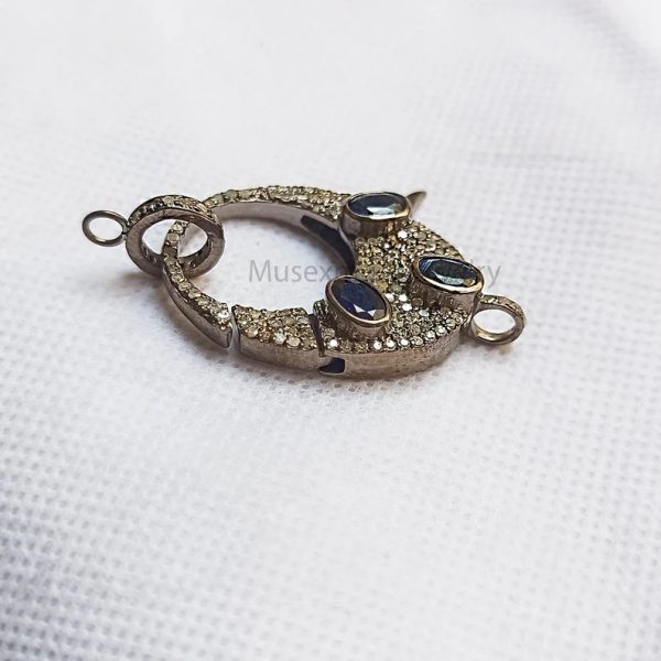 Blue Sapphire & Diamond Oxidized Sterling Silver Lobster Clasp Lock Jewelry, Silver Lobster Lock Jewelry, Clasp Lock
