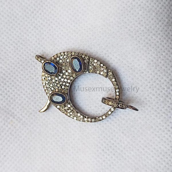 Blue Sapphire & Diamond Oxidized Sterling Silver Lobster Clasp Lock Jewelry, Silver Lobster Lock Jewelry, Clasp Lock