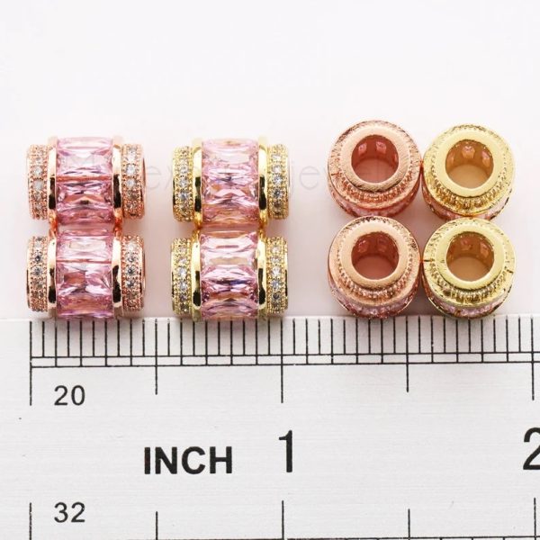 Large Hole Tube Spacer Beads Pink Square Cubic Zirconia Micro Pave Spacer Beads for Jewelry Making, Baguette Beads Sterling Silver