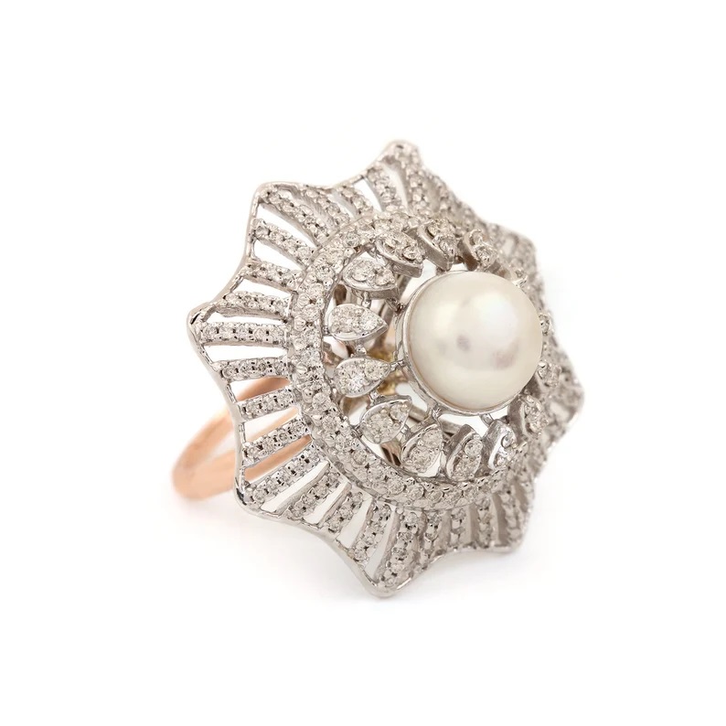14K Yellow Gold Diamond Pearl Statement Floral Ring Handmade Fine Jewelry Wedding Gift For Her