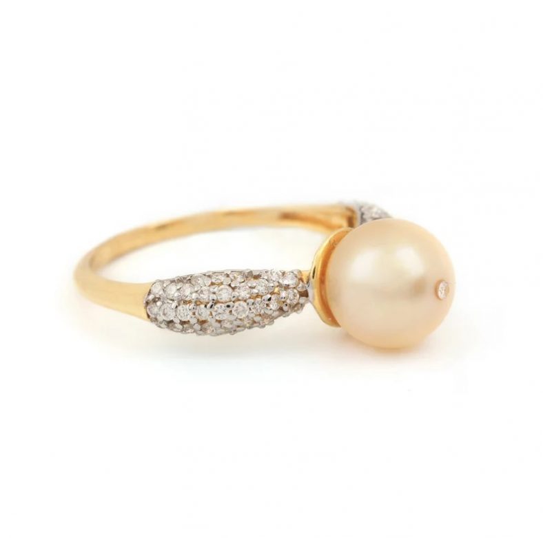 Diamond Pearl Solid 14K Yellow Gold Statement Ring Handmade Fine Jewelry Wedding, Birthday Gift For Her