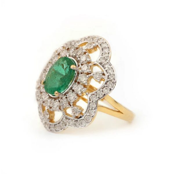 14K Yellow Gold Diamond Emerald Statement Ring Handmade Fine Jewelry Wedding Gift For Woman's