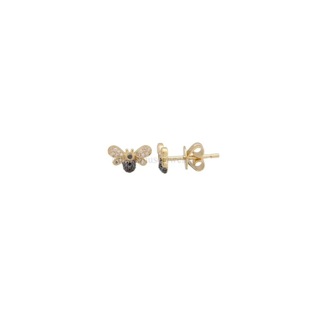 14k Gold Black Natural Pave Diamond Bee Shape Stud Earrings, Black Diamond Bee Stud, 14k Black Diamond Bee Stud Earrings For Women's