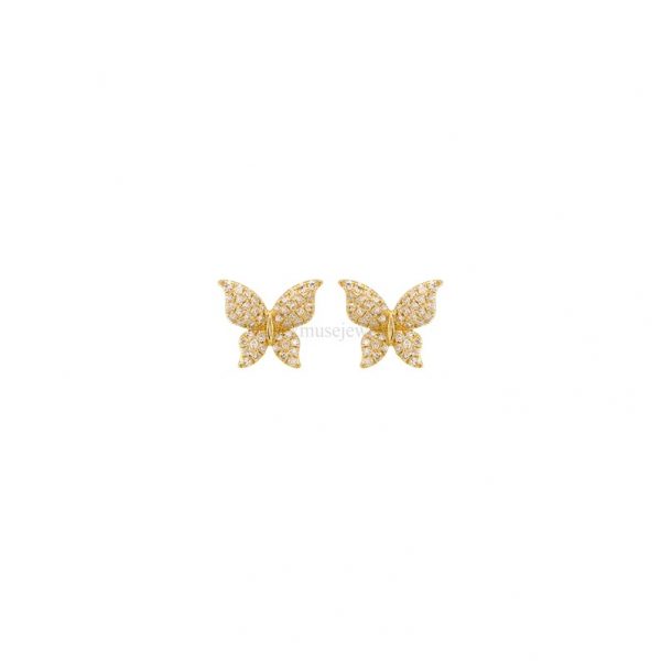 14k Gold Natural Pave Diamond Floating Butterfly Shape Stud Earring, Floating Butterfly Stud, 14k Diamond Butterfly Stud Earring For Women's