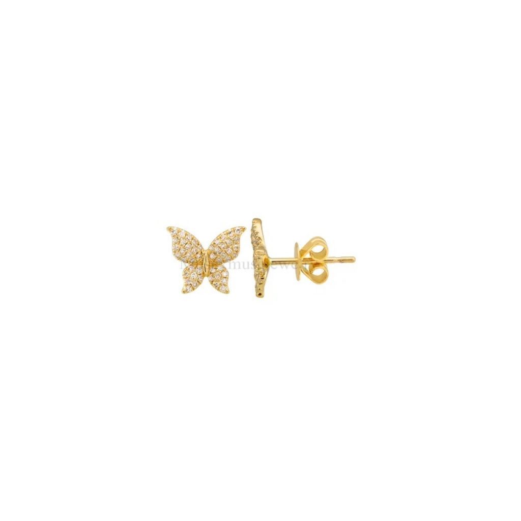 14k Gold Natural Pave Diamond Floating Butterfly Shape Stud Earring, Floating Butterfly Stud, 14k Diamond Butterfly Stud Earring For Women's