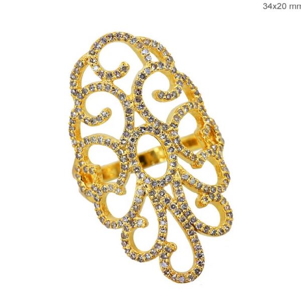 18k Yellow Gold Fine Wedding Jewelry Birthday Gifts For Women's Pave Diamond Designer Long Ring