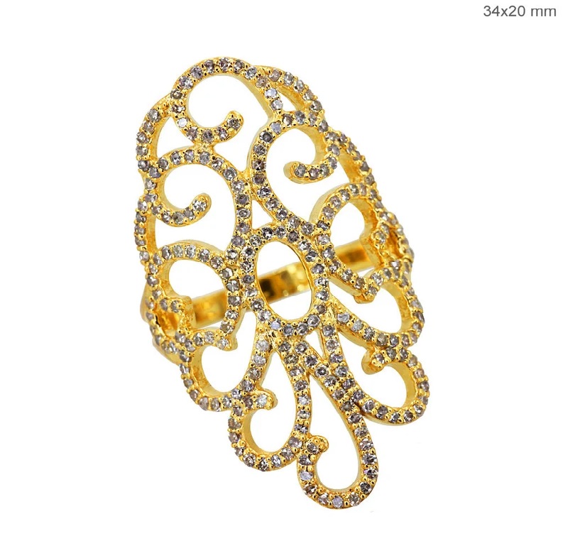 18k Yellow Gold Fine Wedding Jewelry Birthday Gifts For Women's Pave Diamond Designer Long Ring