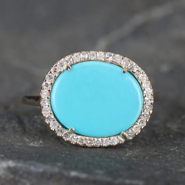 14k Yellow Gold Turquoise Cocktail Ring Pave Diamond Gemstone Fine Wedding Jewelry Easter, Wedding Gift For Her