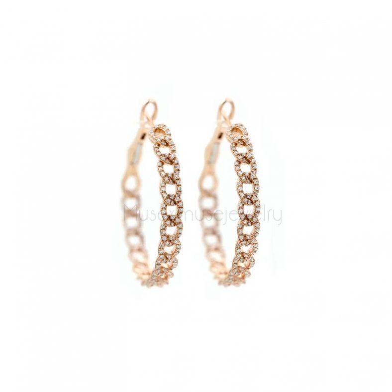14k Rose Gold Diamond Pave Chain Link Earrings, 14k Diamond Link Chain Handmade Hoop Earrings Jewelry