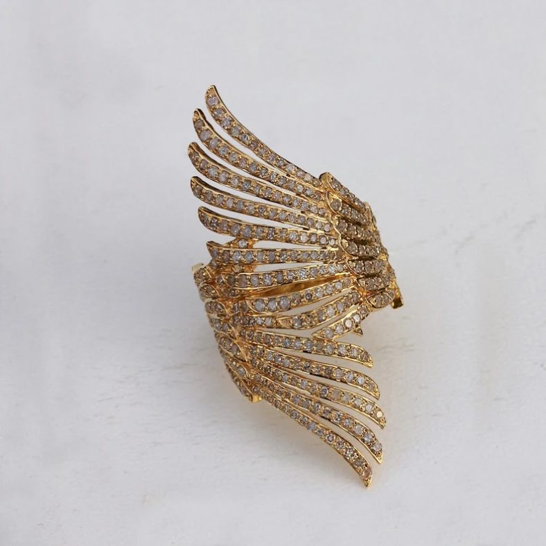 18k Yellow Gold Pave Diamond Feather Wrap Handmade Fine Jewelry Mother's Day Gift For Your Mother