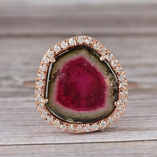 Pave Diamond Watermelon Tourmaline Wedding Ring 14k Rose Gold Gemstone Jewelry Wedding Gift For Her
