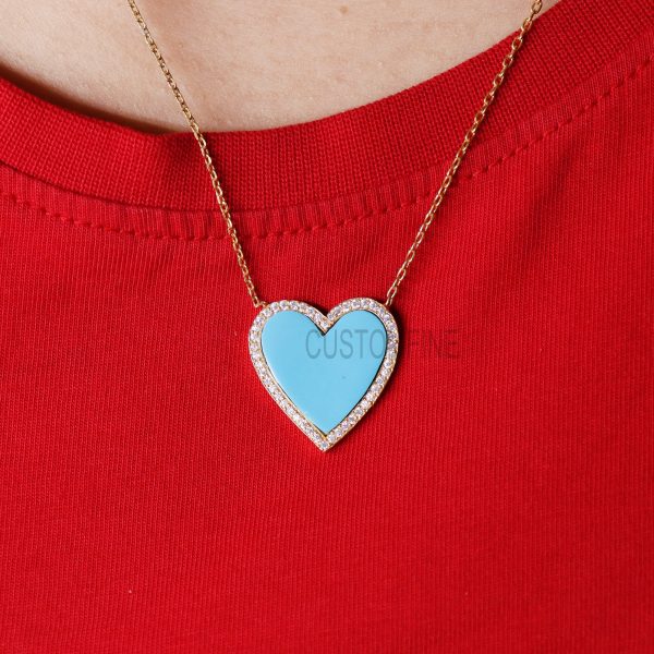 925 Sterling Silver Diamond Pave and Turquoise Heart Necklace, Heart Necklace Jewelry For Women's