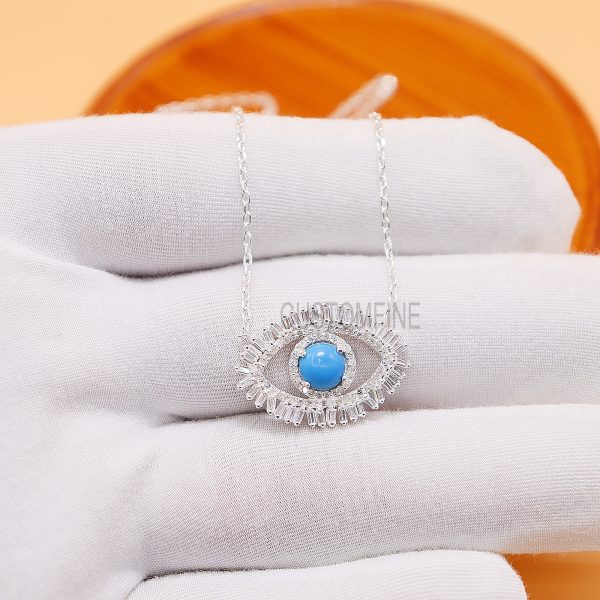 Turquoise Evil Eye Baguette Necklace, Silver Pave Diamond Evil Eye Necklace, Handmade Silver Evil Eye Necklace For Women's, Necklace Jewelry