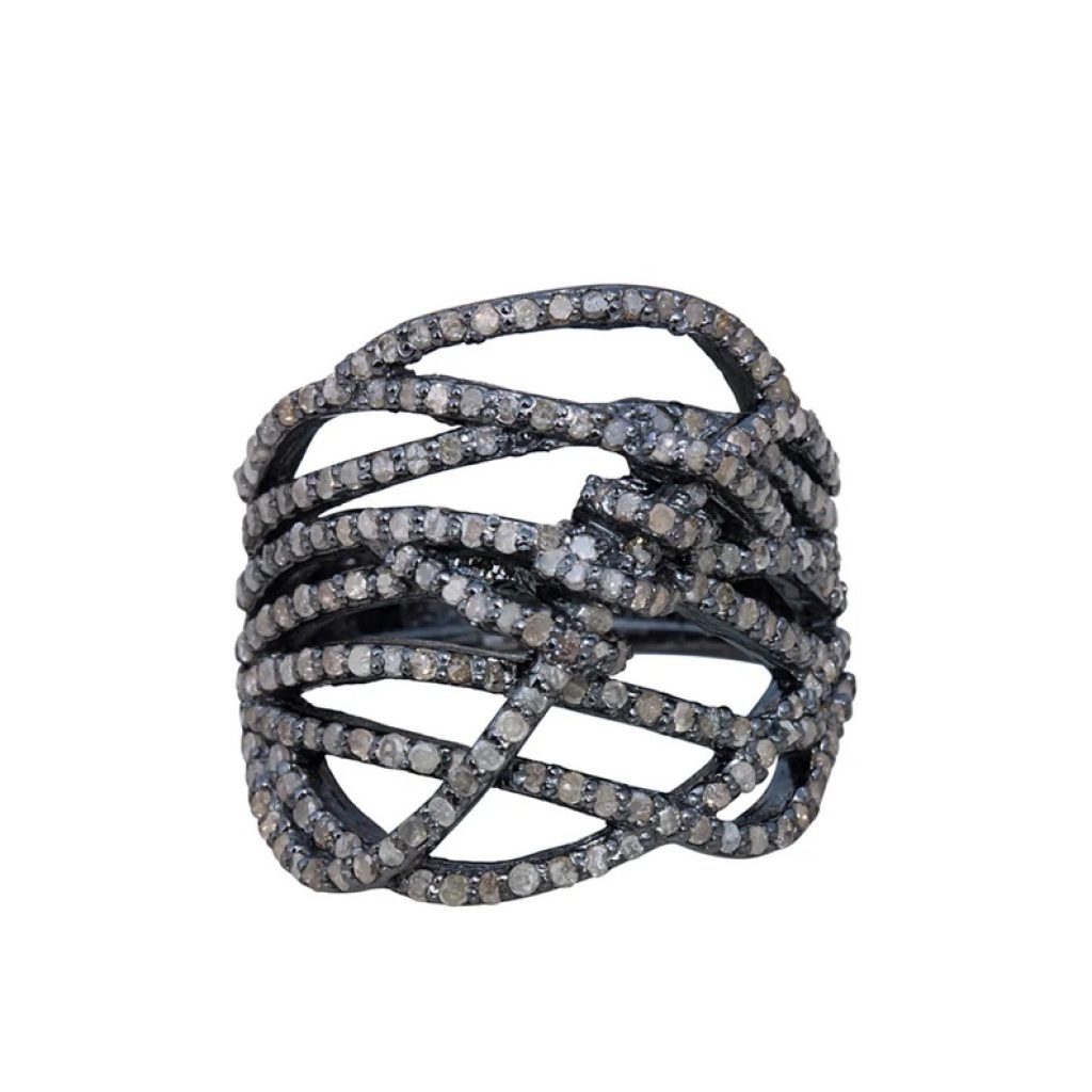 Natural Pave Diamond Unique Ring Handmade Solid 925 Sterling Silver Black Rhodium Fine Jewelry Wedding, Birthday Gift For Women