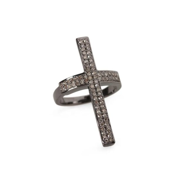 Real Pave Diamonds Black Oxidize Jesus Cross Ring Handmade 925 Solid Sterling Silver Diamonds Fine Jewelry Wedding, Birthday Gift For Her
