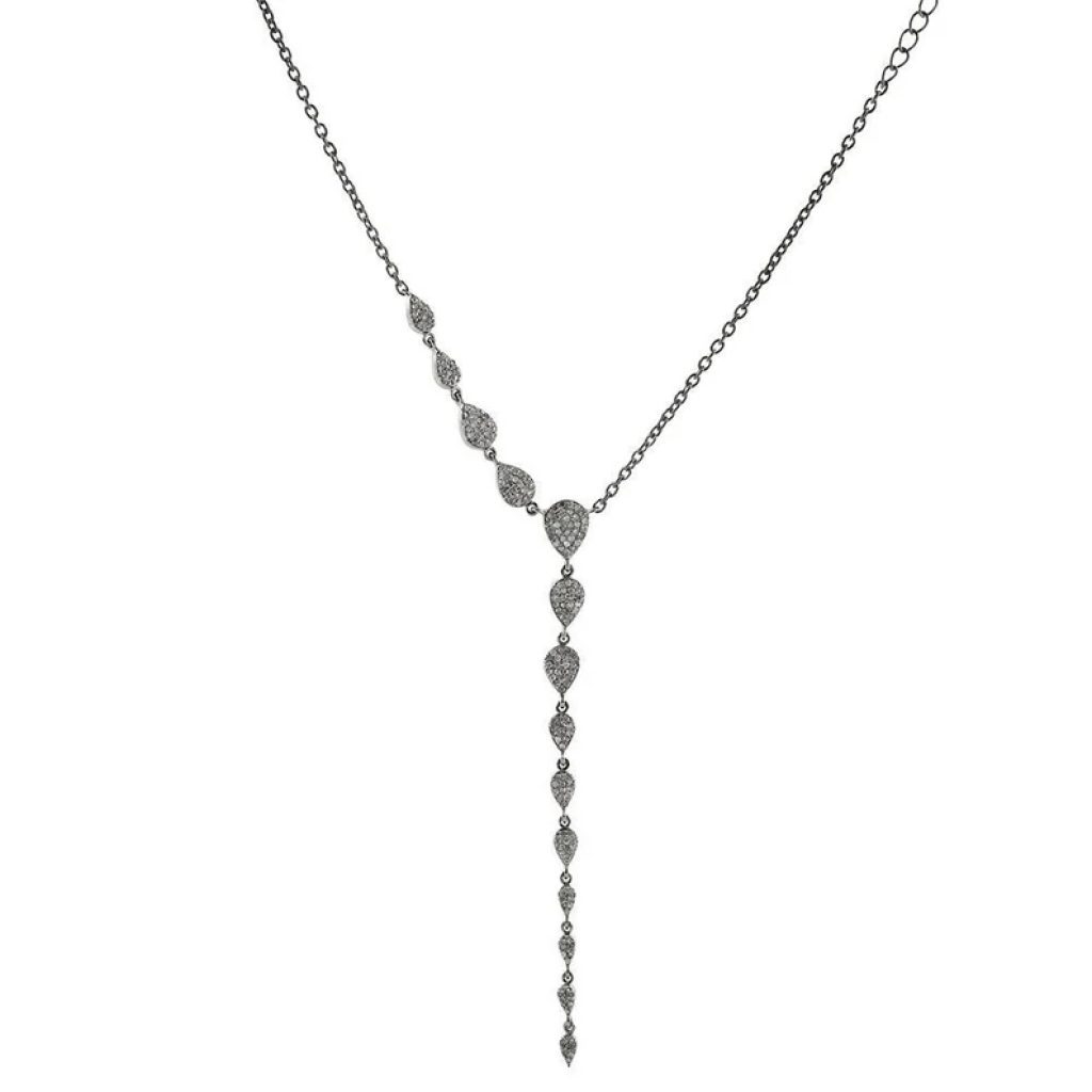 925 Sterling Silver Black Rhodium Rolo Chain Necklace, Natural Diamonds Pave Setting Handmade Jewelry, Adjustable Chain Necklace For Women