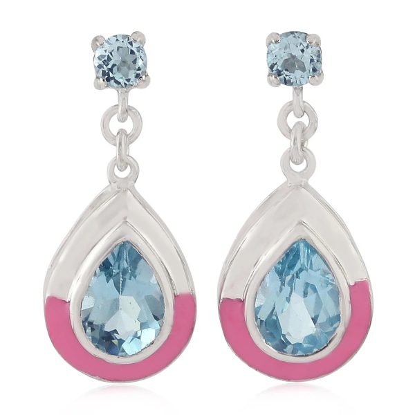 Natural Blue Topaz Tear Drop Danglers In 925 Sterling Silver Enamel Jewelry