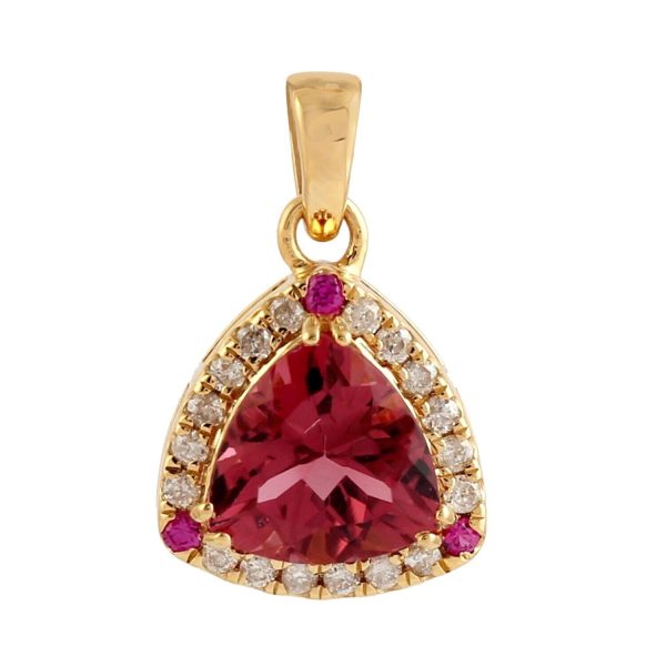 Natural Diamond Tourmaline & Ruby Pendant 18k Yellow Gold Women Handmade Jewelry