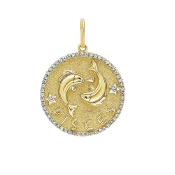 Diamond Charm Pendant, Pave Diamond Charm Pendant, 14k Solid Yellow Gold Zodiac Sign Charm, Gold Pisces Sign Charm Pendant Women