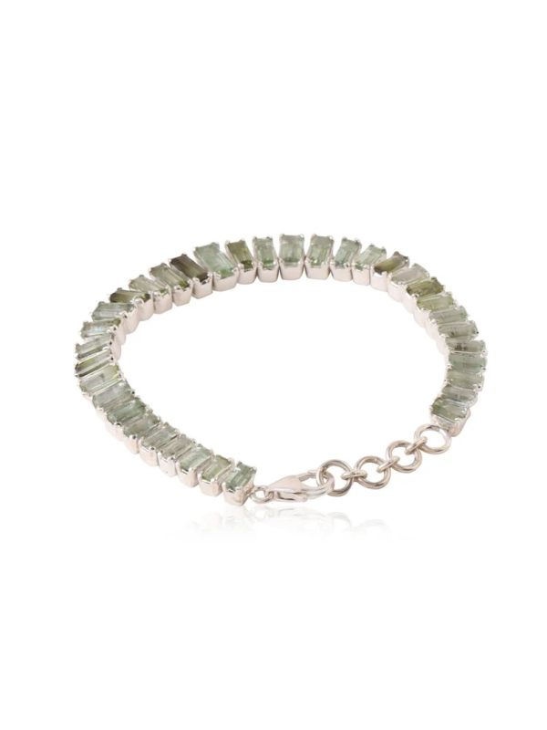 Green olive tourmaline bracelet in silver 925. Gemstone statement Tennis bracelet in silver. Designer bracelet for women. Cocktail bracelet